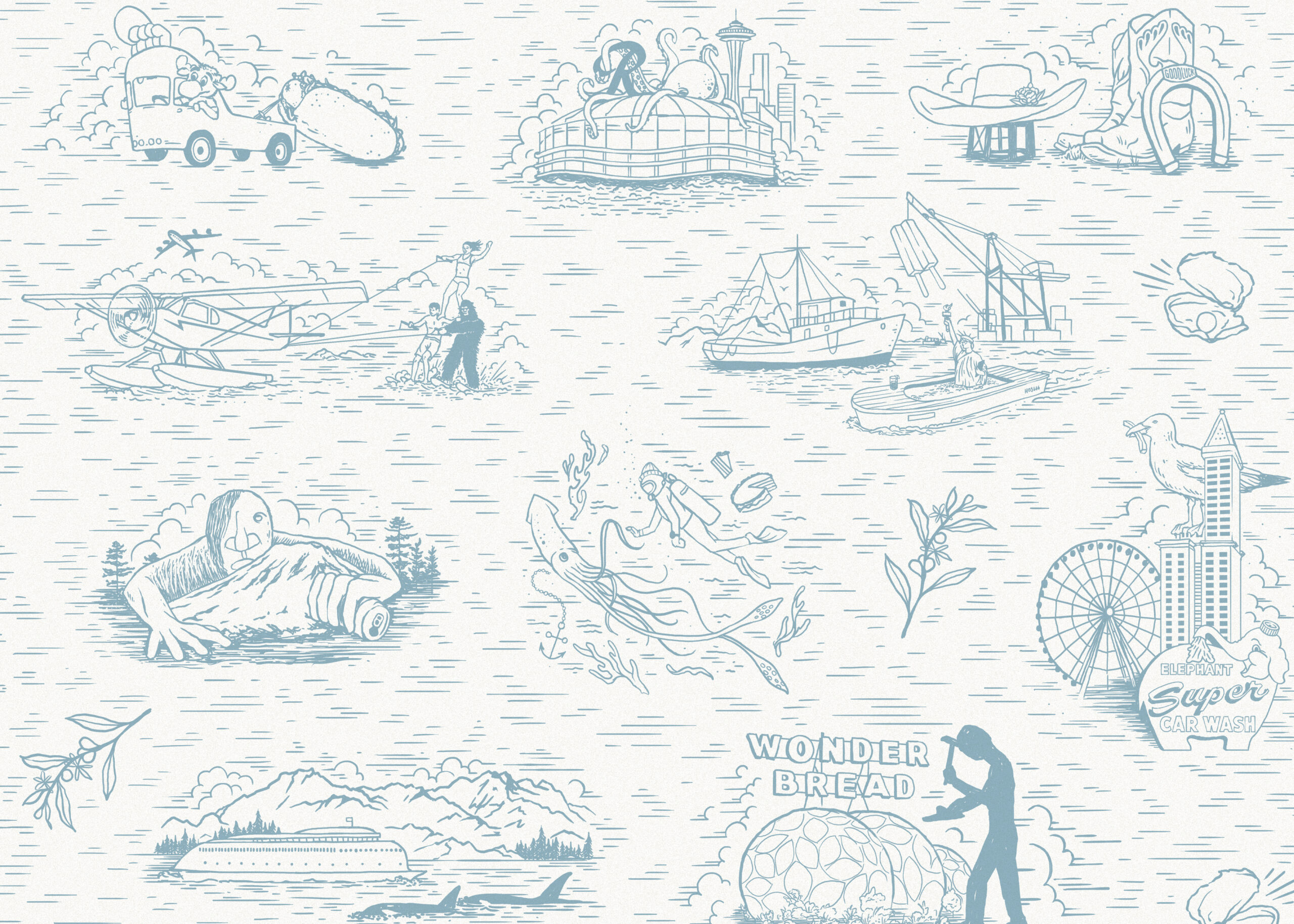 Series of light blue illustrations depicting Seattle attractions
